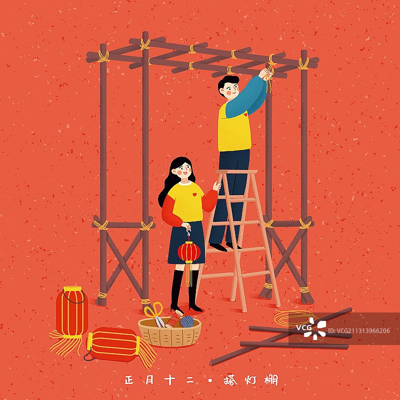 年俗红色背景方形情侣正月十二-搭灯棚图片素材