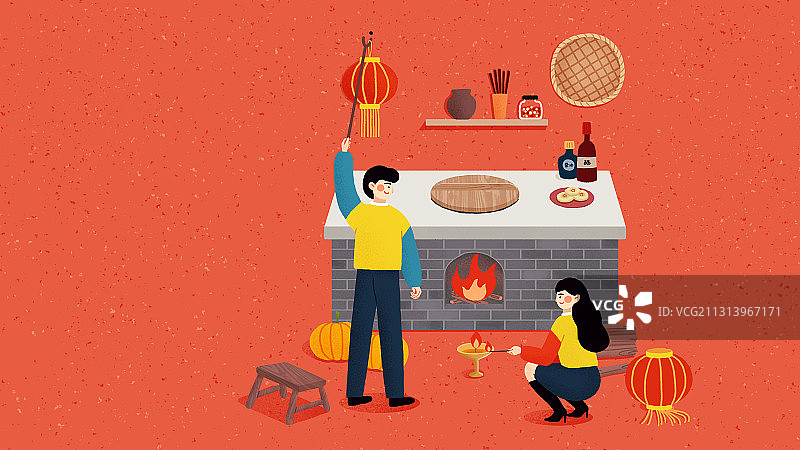 年俗红色背景横版情侣正月十三-上灯日图片素材