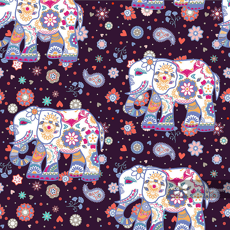 带有大象的精美民族花卉背景图片素材