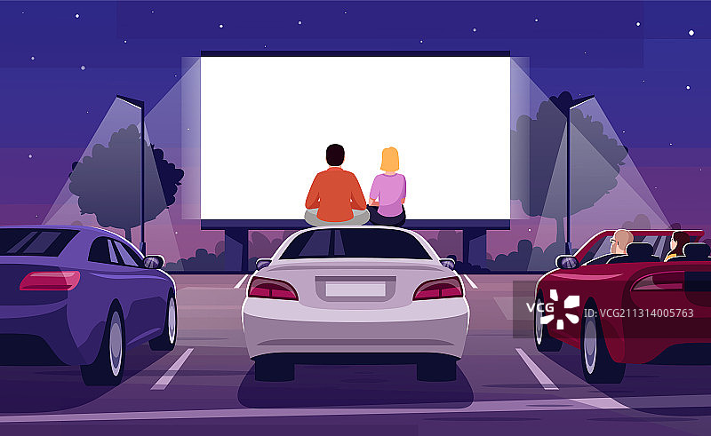 浪漫电影之夜半扁平插画图片素材