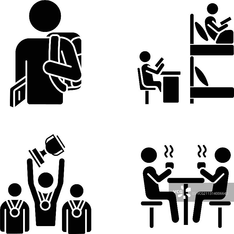 学生生活黑色字形图标在白色空间上图片素材