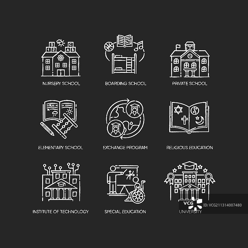 黑色背景上的学术教育粉笔白色图标集图片素材