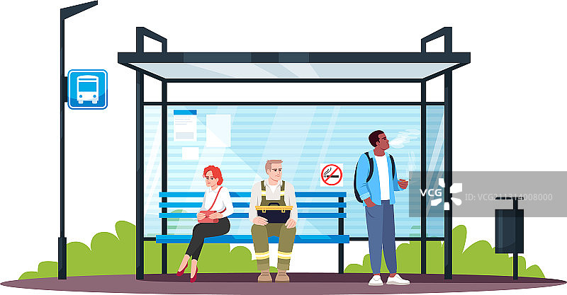 男人在禁止吸烟的巴士站吸烟，扁平风格图片素材