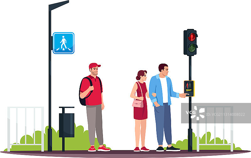 人行横道上的行人与等待交通按钮图片素材