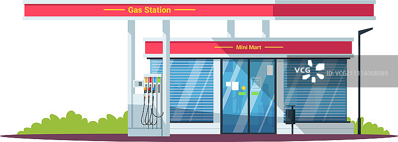带迷你超市的加油站半扁平RGB图片素材