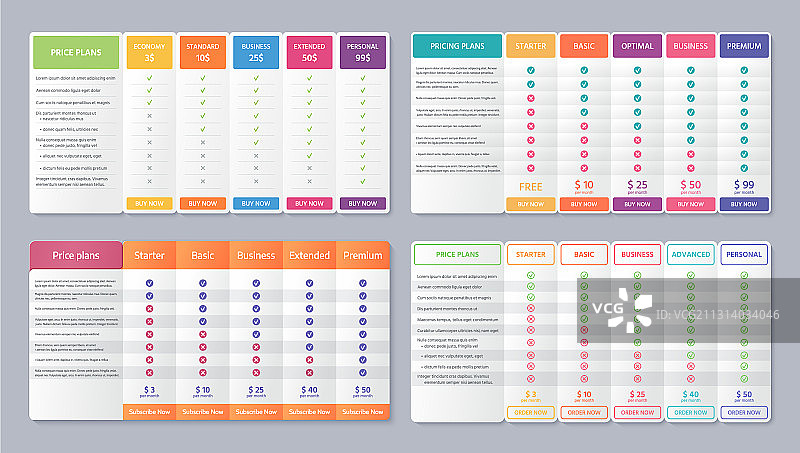 包含5列的价格对比表模板图片素材