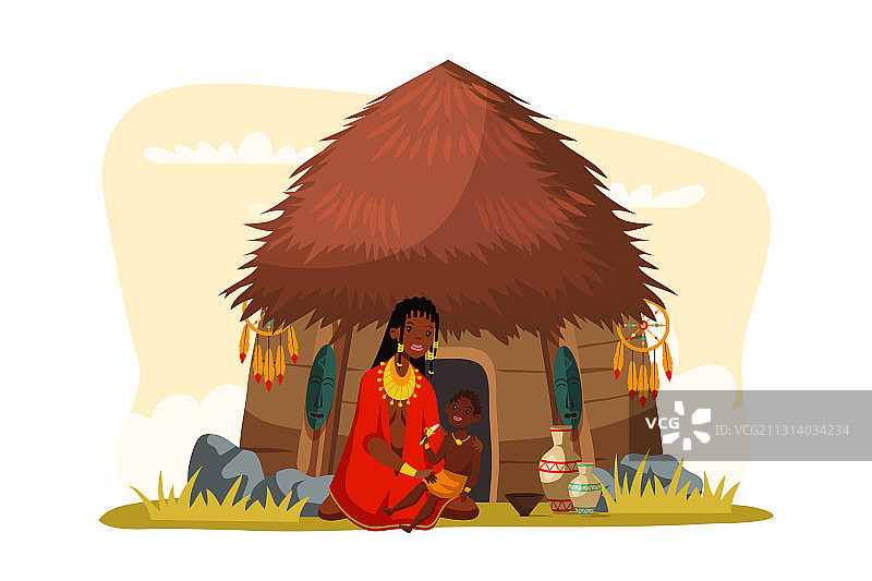 非洲部落妇女与孩子坐在小屋旁图片素材