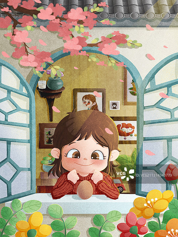 小女孩在窗前立蛋图片素材
