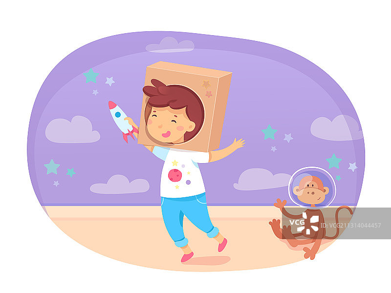 快乐的男孩玩耍并梦想成为宇航员图片素材