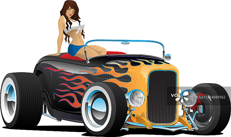 定制改装老爷车与穿着时尚的女性图片素材