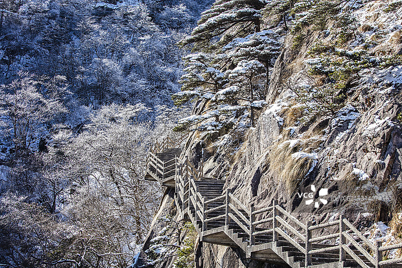 奇松怪石雾凇云海仙境黄山迎客松雪景风光图片素材
