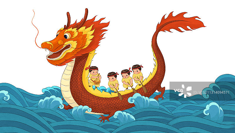 中式水纹和龙舟插画2图片素材