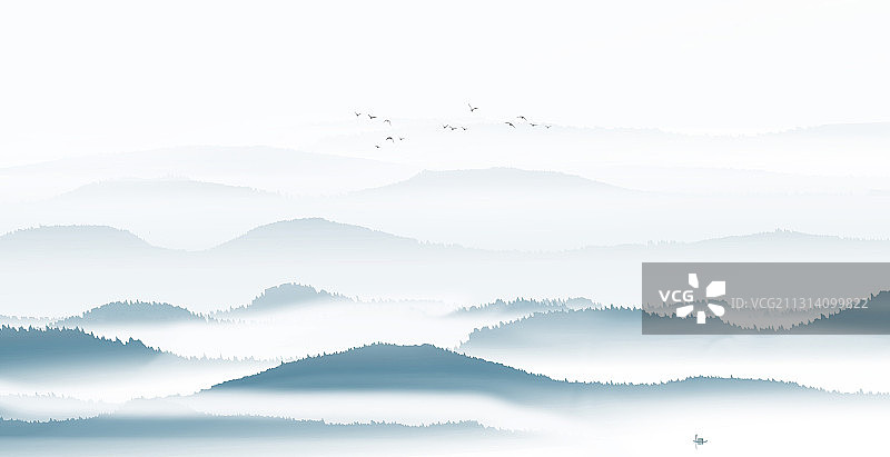 中国风蓝色意境山水画图片素材