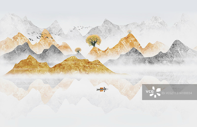 手绘新中式抽象金色山水风景画图片素材