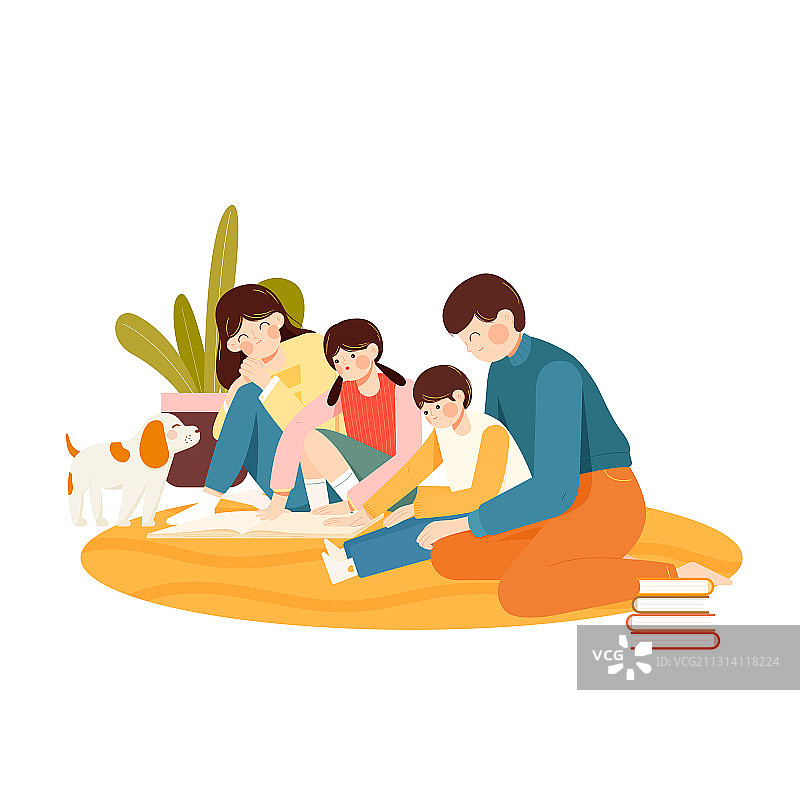 一家四口坐在地毯上读书矢量人物插画方图图片素材
