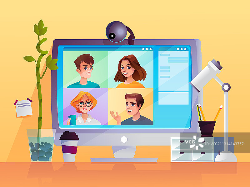 带有网络摄像头和卡通人物的展示图片素材