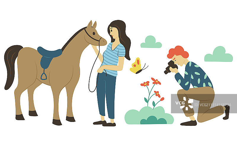 女人与马，男人在拍照图片素材
