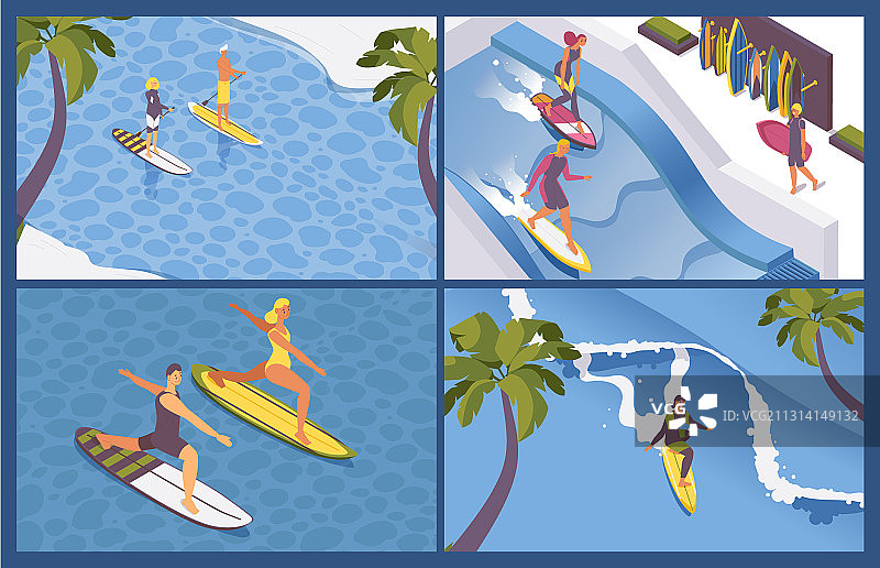 2.5D冲浪学校长浪棕榈树场景图片素材