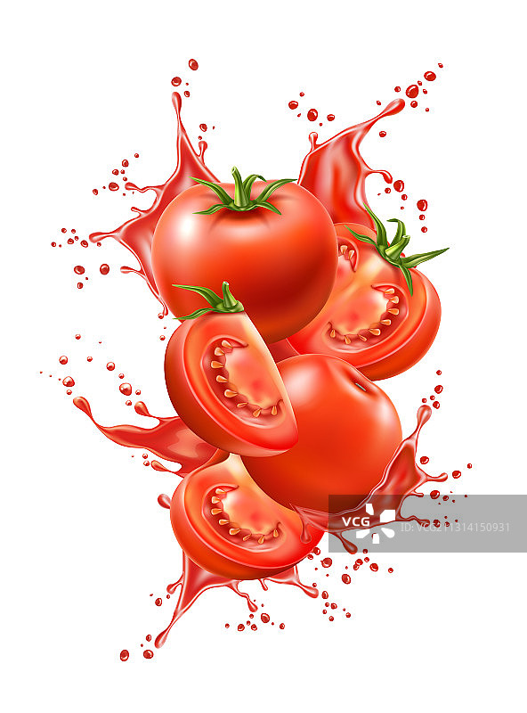 逼真的成熟番茄红色果汁飞溅效果图片素材