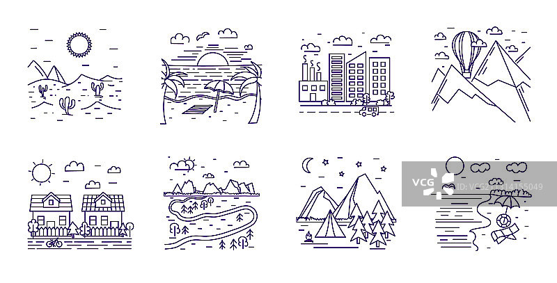 8种不同手绘风景线条图片素材