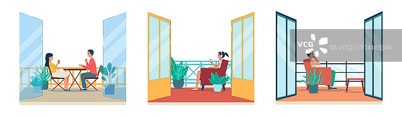 带人物的阳台或露台内饰扁平设计图片素材