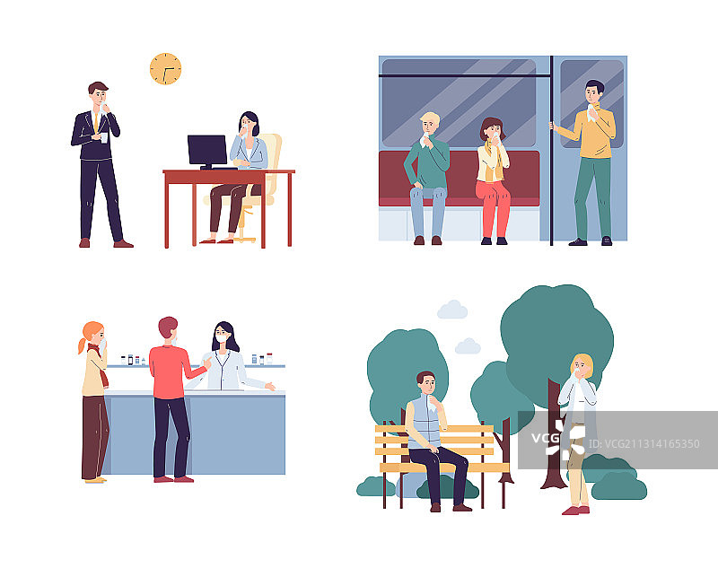 卡通人物患有流感病毒症状和纸巾图片素材