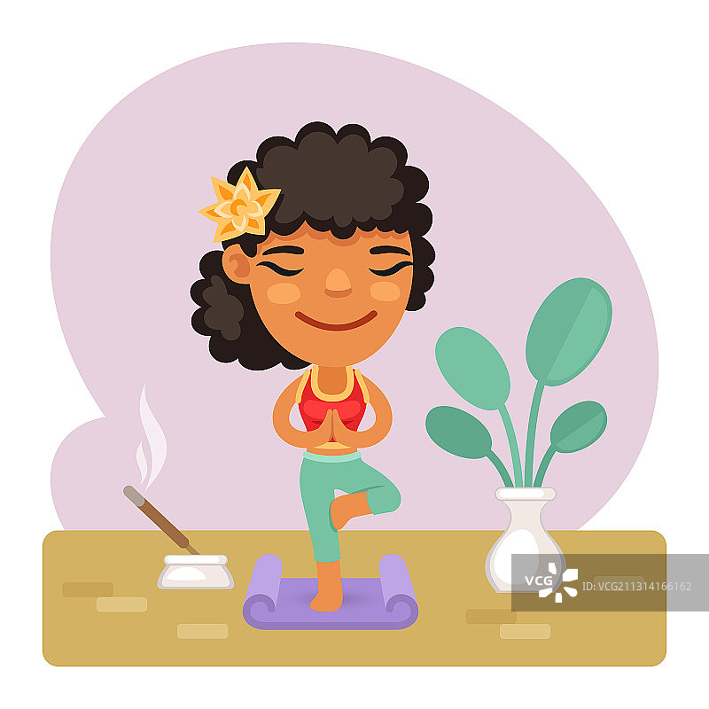 卡通女孩做瑜伽树式图片素材