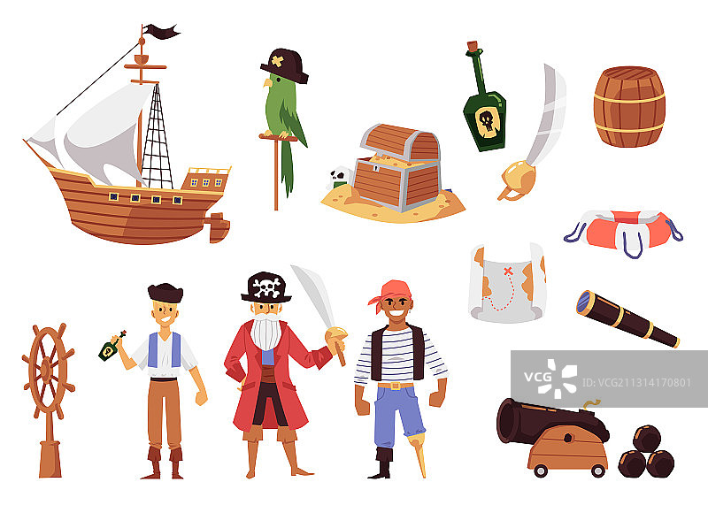 卡通海盗套装 - 帆船，宝箱图片素材