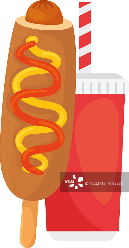 白色背景上的快餐玉米热狗和饮品图片素材