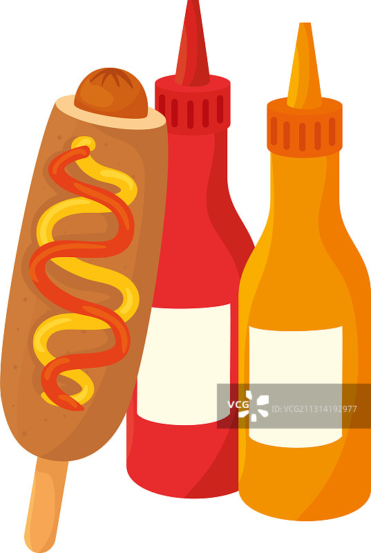 白色背景上的玉米热狗和瓶装酱图片素材