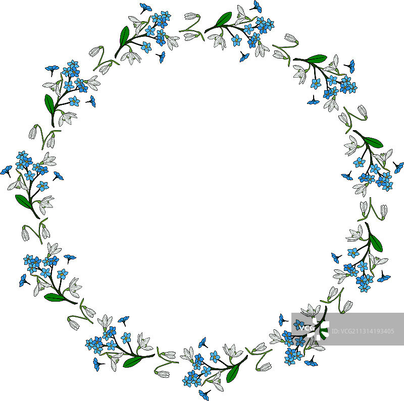 雪花莲和鲜花圆形画框图片素材