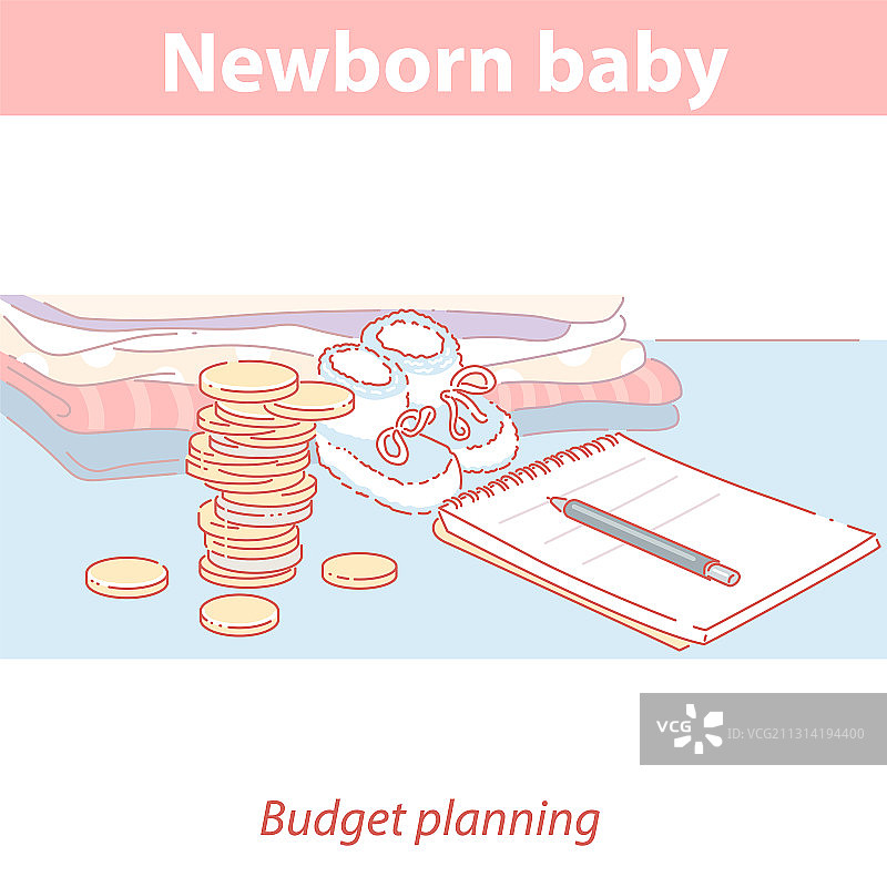 婴儿出生预算笔记本笔硬币图片素材