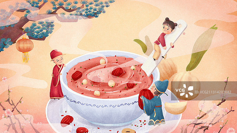 三个孩童在喝腊八粥插画图片素材