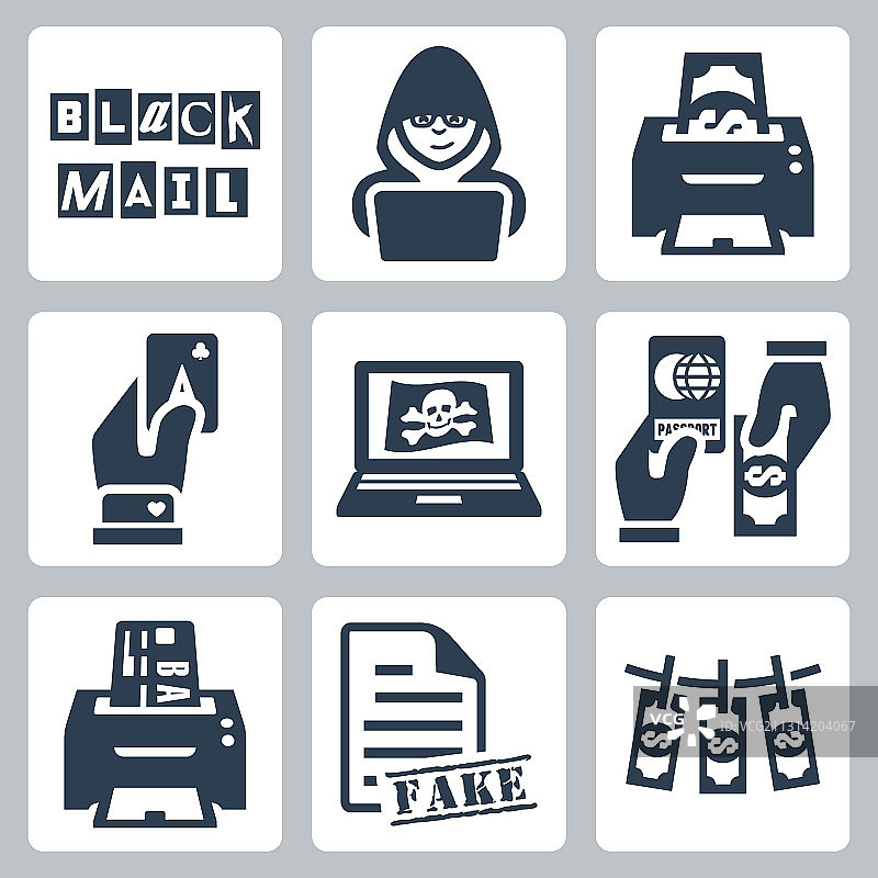 犯罪活动图标集：敲诈勒索与黑客行为图片素材