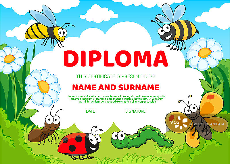 卡通昆虫儿童文凭证书图片素材