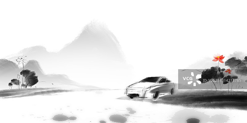 中国风水墨地形插图速度与汽车图片素材