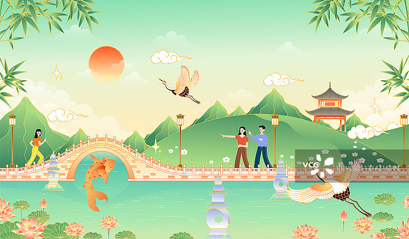 在江南园林风景旅行的人矢量插画图片素材