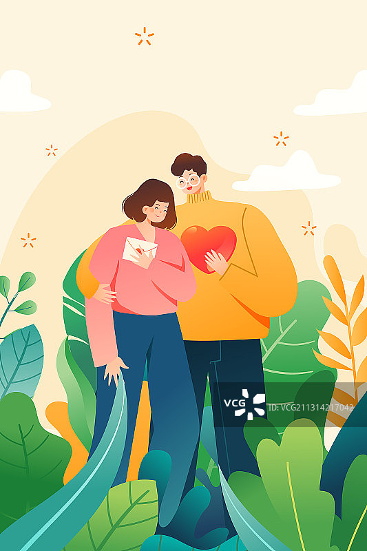 卡通情侣情人节浪漫约会爱心情书告白春季立春春天花卉矢量插画图片素材