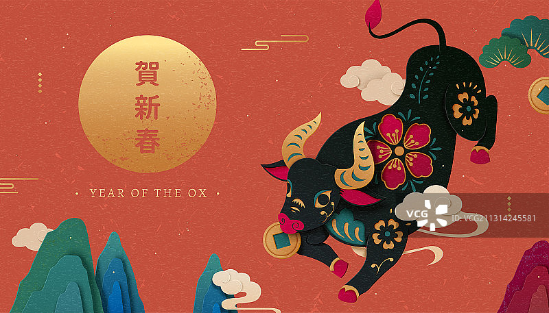 古典剪纸风奔牛贺图图片素材
