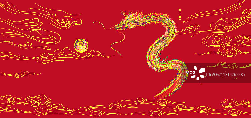 龙飞到天空上缠绕太阳的插画图片素材