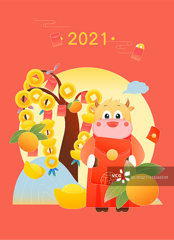 国潮风卡通小牛发红包年俗矢量插画海报图片素材