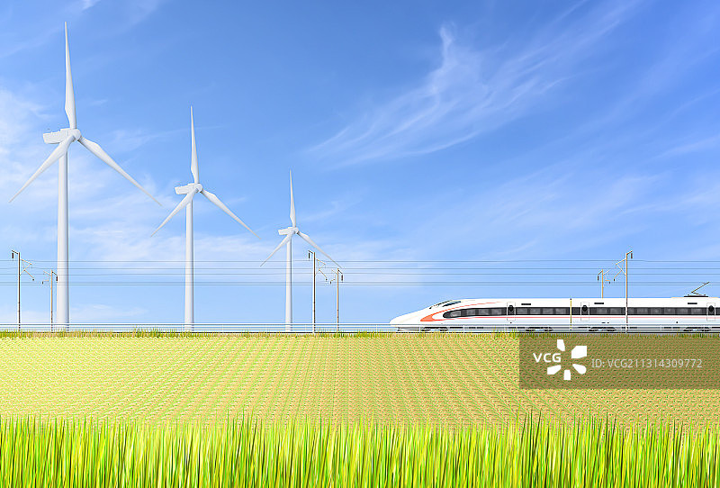 高速列车与风力发电和农田图片素材