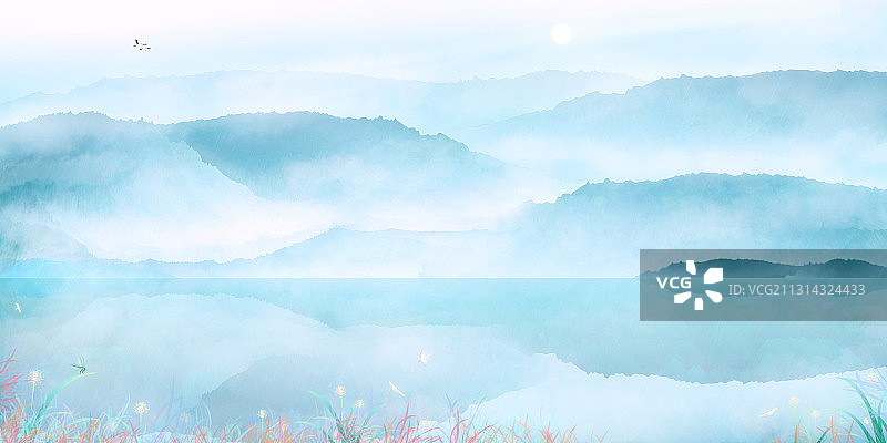 晴天的森林山峰插画背景图片素材