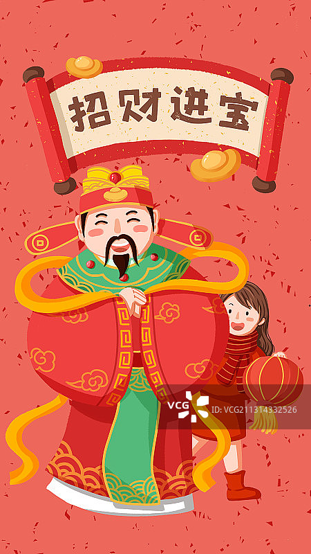 女孩迎财神图片素材