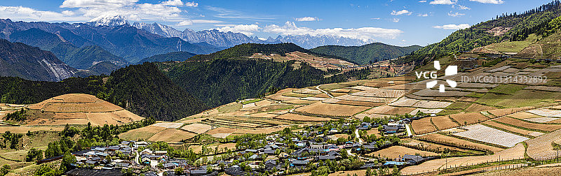 云南香格里拉，哈巴雪山，山脚下的彝族山寨图片素材
