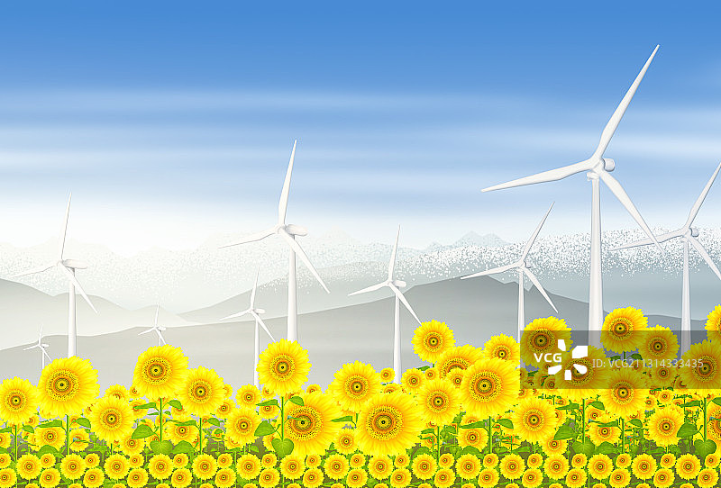 雪山下的风力发电机和向日葵图片素材
