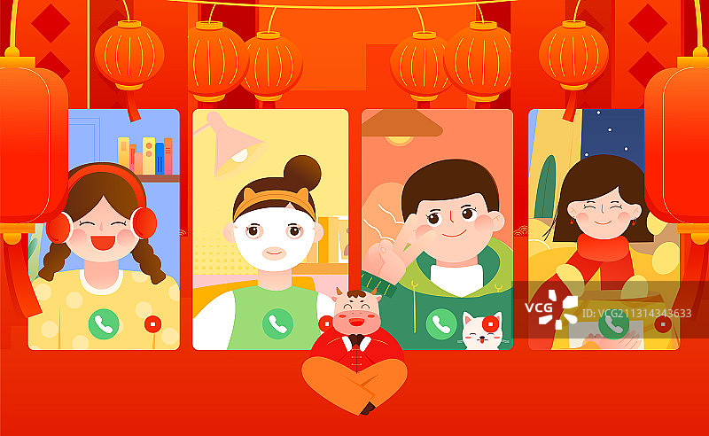朋友们异地视频过年拜年矢量插画海报横图图片素材