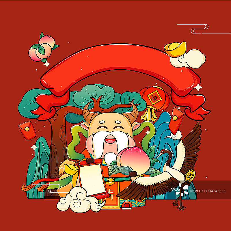 粗描边国潮风小牛寿星矢量插画海报方图图片素材