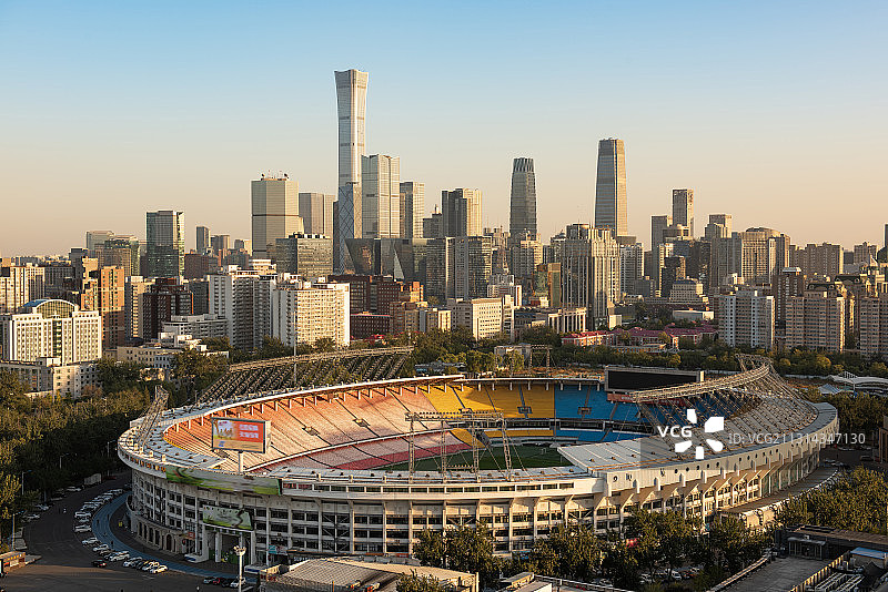 北京国贸CBD商业区和工人体育场拆除前晴朗白昼风光高视角全貌图片素材