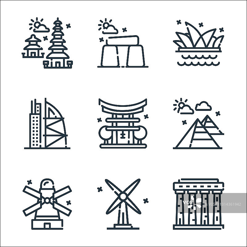 世界古迹线性图标集图片素材